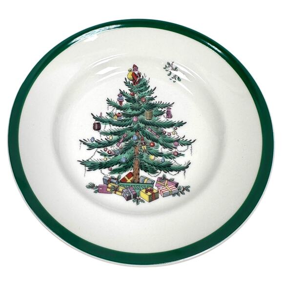 Spode Christmas Tree Bread Plates 6.5" White Green Trim Lot of 2 Round S3324S - Picture 2 of 6